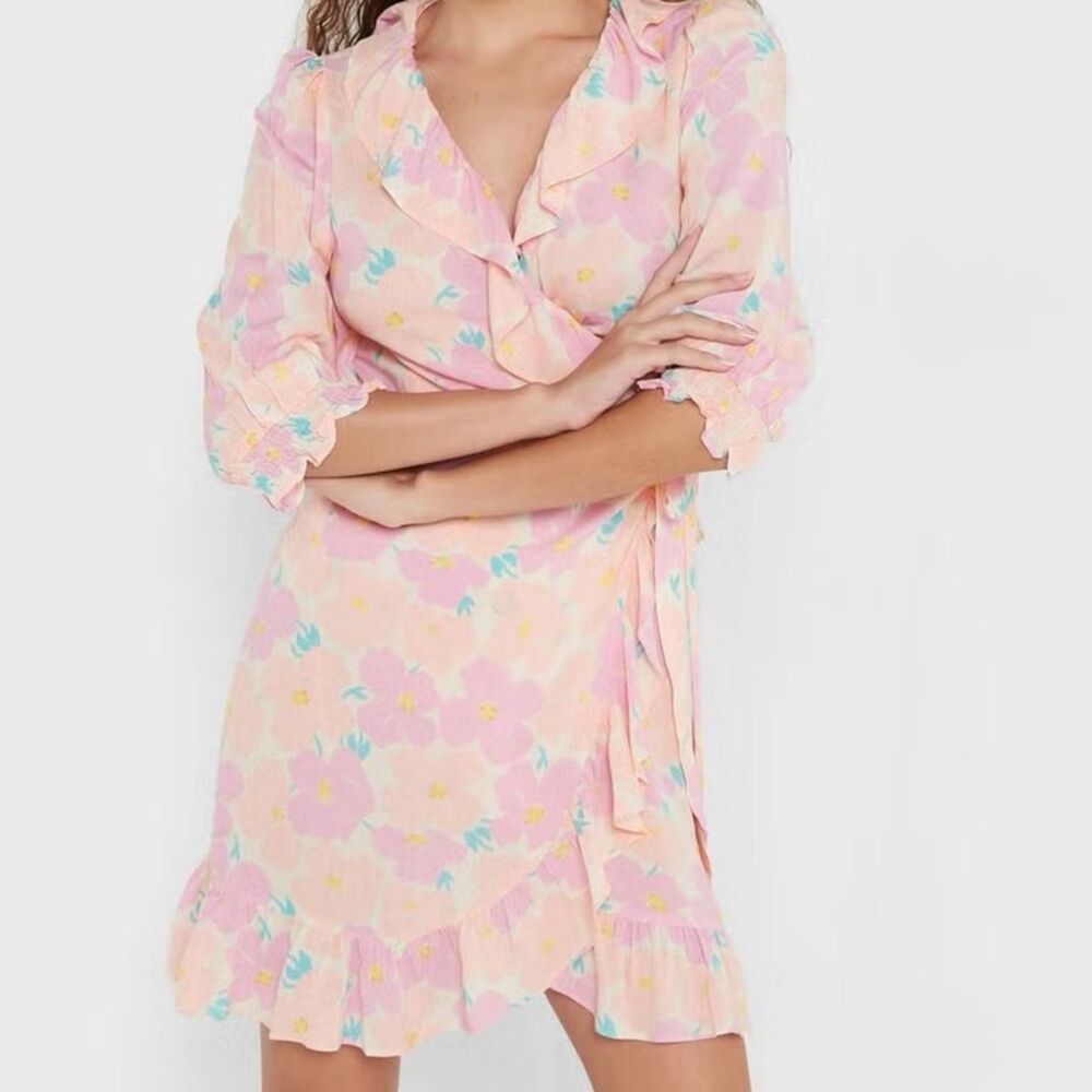 Top Shop‎ Womens Floral Wrap Dress Pastel 6 Ruffle Cottage Core Peach Pink